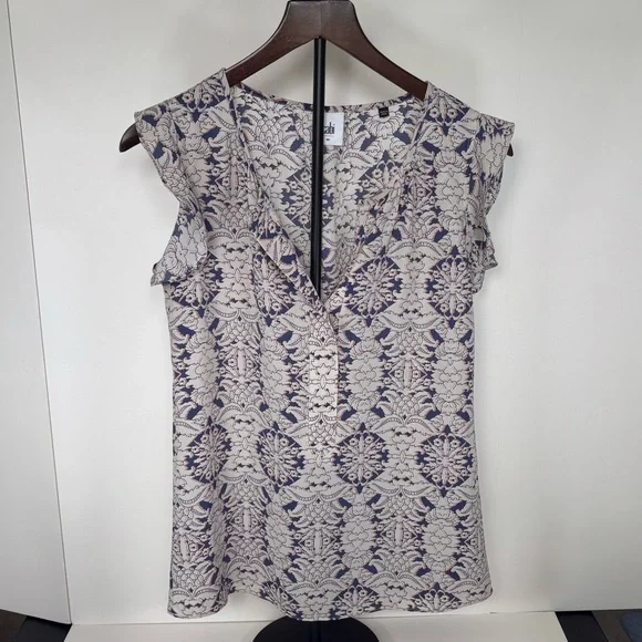 CAbi Blue and White Ruffled Cap Sleeve Blouse Top Shirt Women’s XS NWOT - Picture 2 of 4